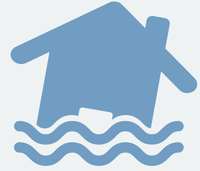 blue icon of a house with lines under it that look like water,
