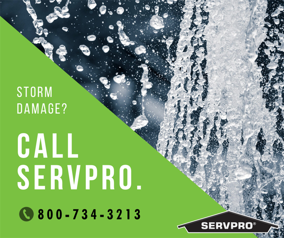 Water flowing down with text: storm damage? call servpro