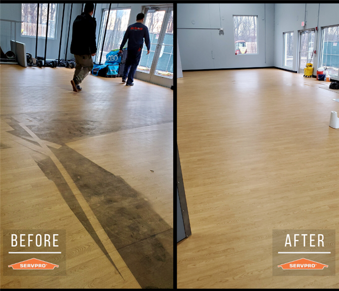 commercial floor cleaning. before: dirt and film of spray covering floor. after: completely clean floor